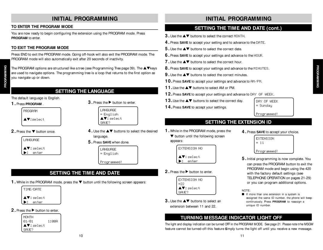 AT&T SBC-420 user manual Initial Programming, Setting the Language, Setting the Extension ID, Setting the Time and Date 