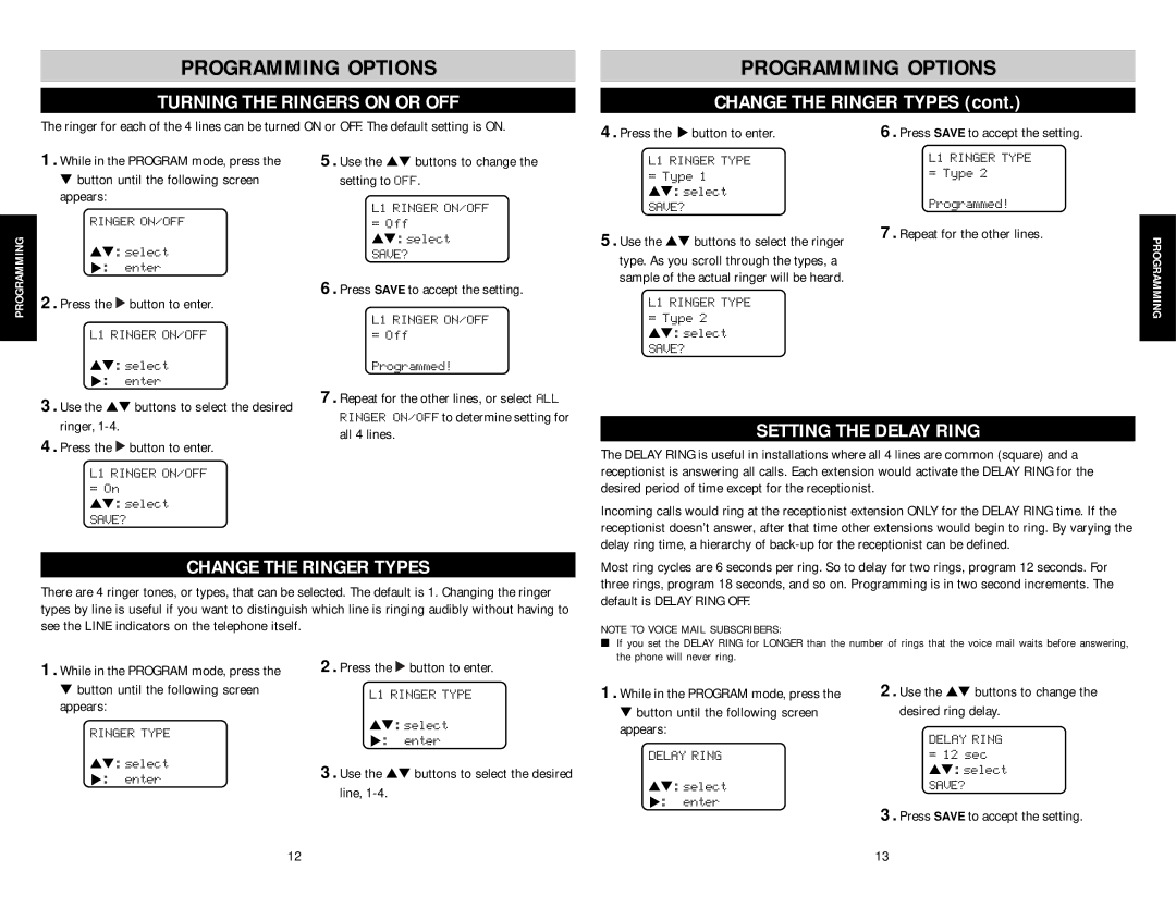 AT&T SBC-420 Programming Options, Turning the Ringers on or OFF, Setting the Delay Ring, Change the Ringer Types 