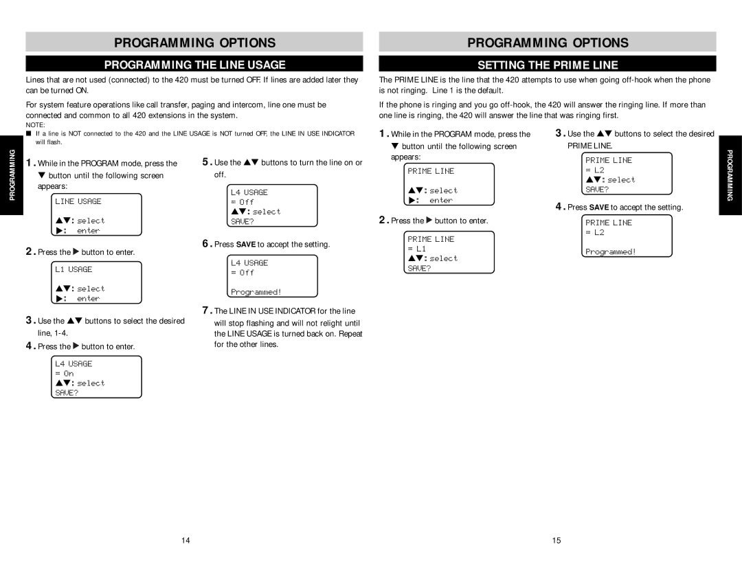 AT&T SBC-420 user manual Programming the Line Usage, Setting the Prime Line, Use the buttons to select the desired 