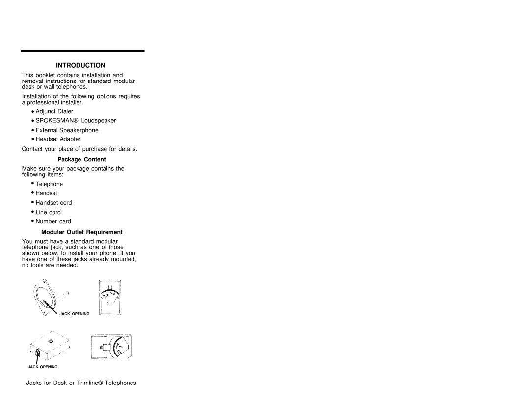 AT&T Single Line Business Telephone warranty Introduction, Package Content, Modular Outlet Requirement 