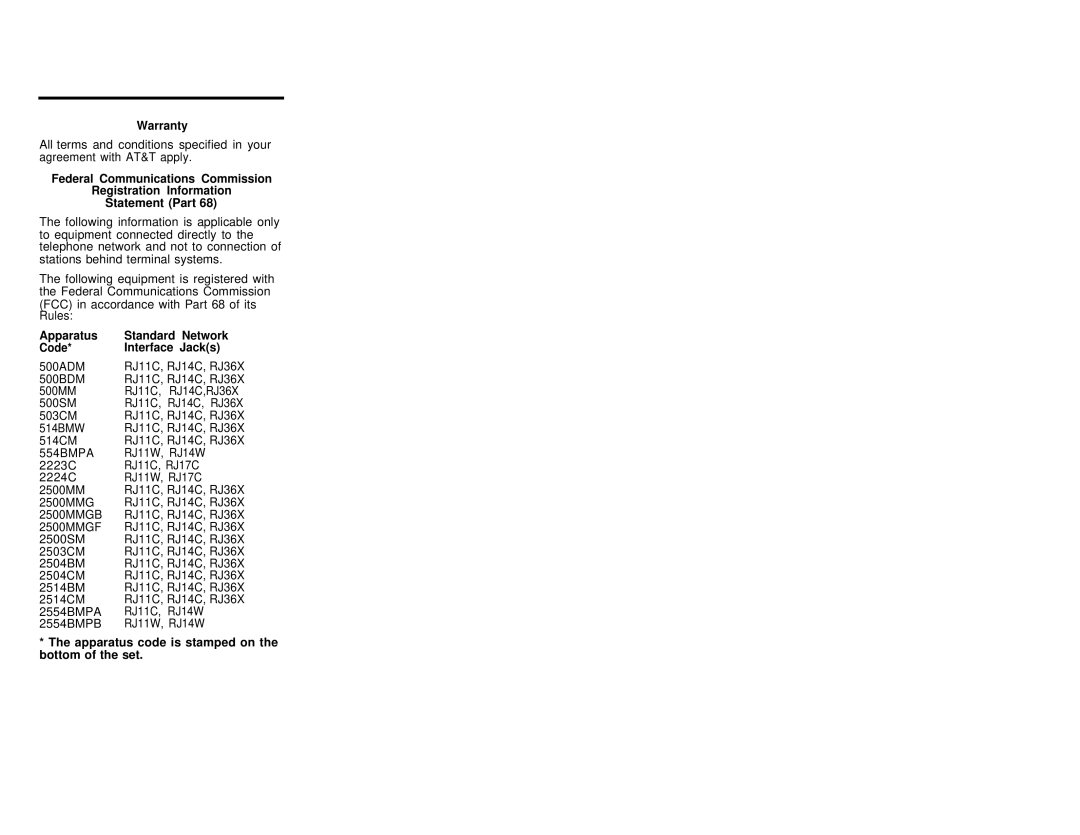 AT&T Single Line Business Telephone warranty Warranty, Apparatus Standard Network Code Interface Jacks 