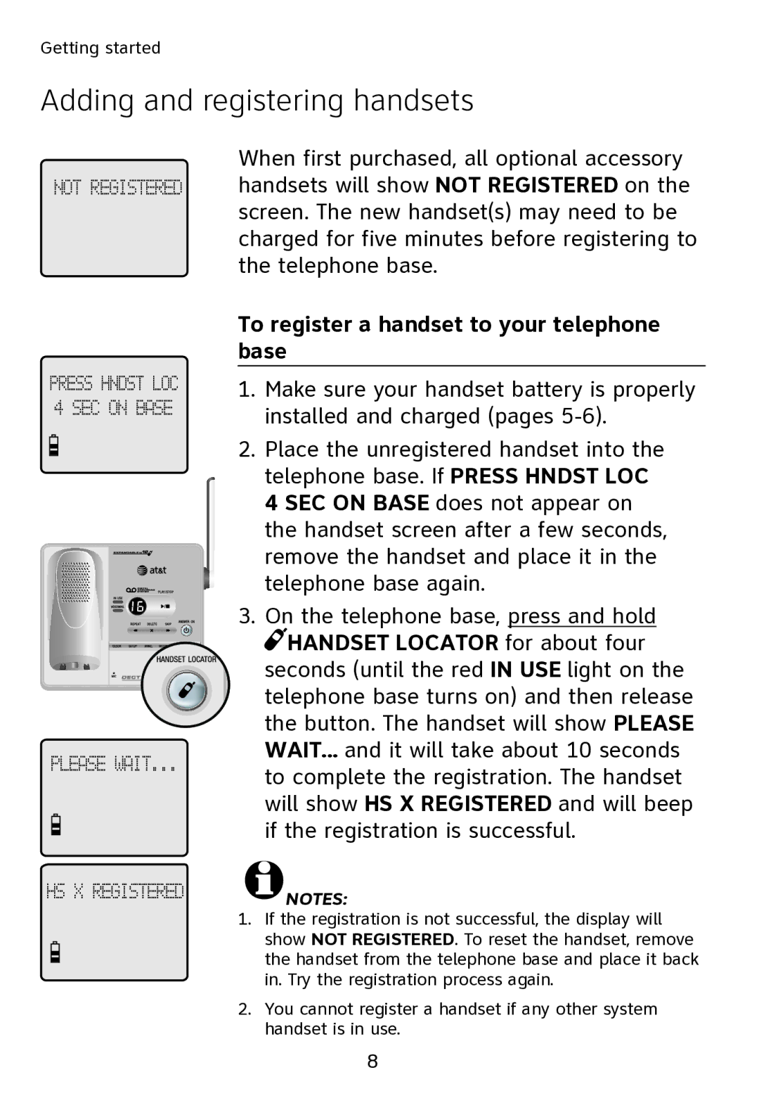 AT&T SL80108 user manual To register a handset to your telephone base 