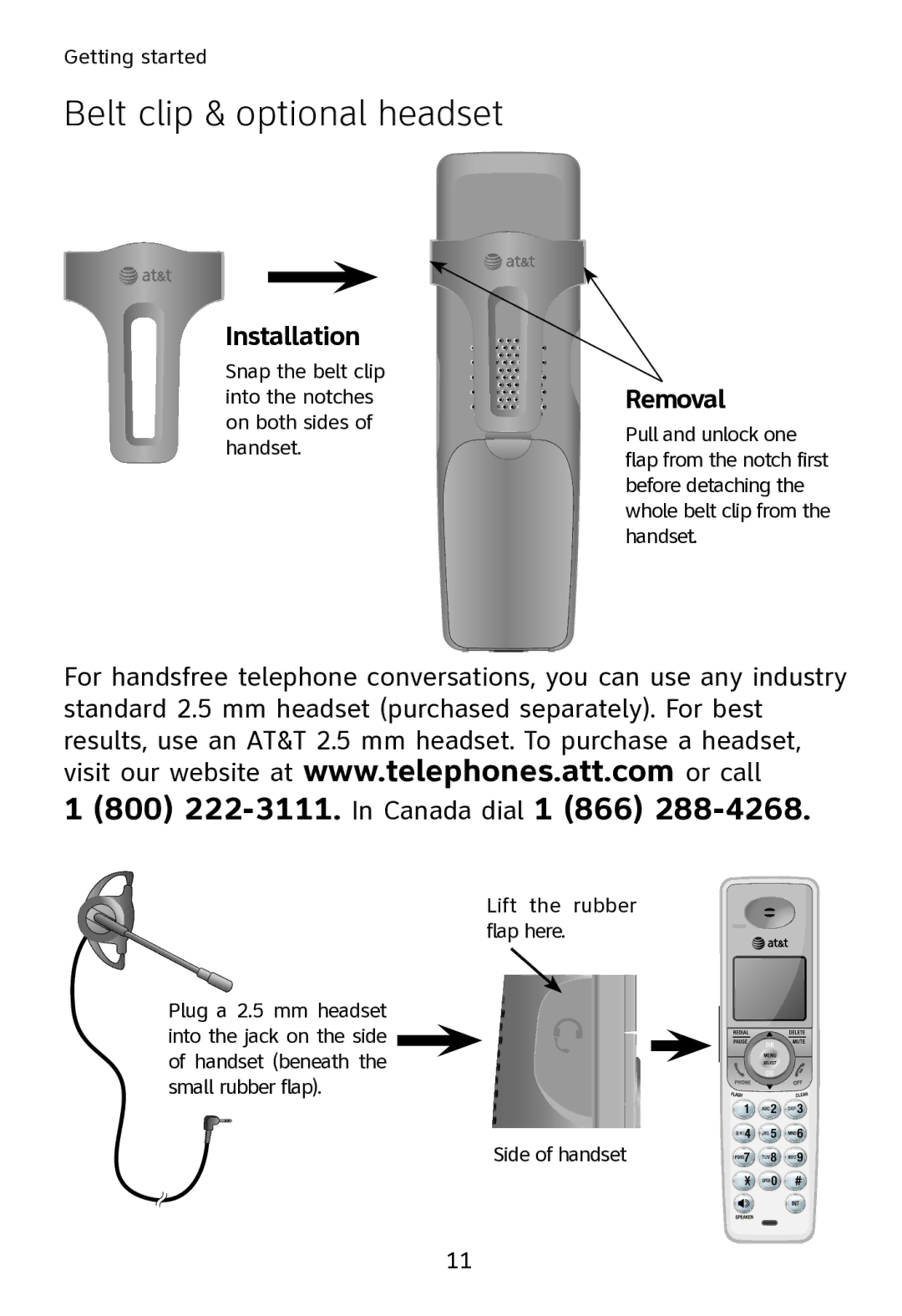 AT&T SL80108 user manual Belt clip & optional headset, Installation, Removal 