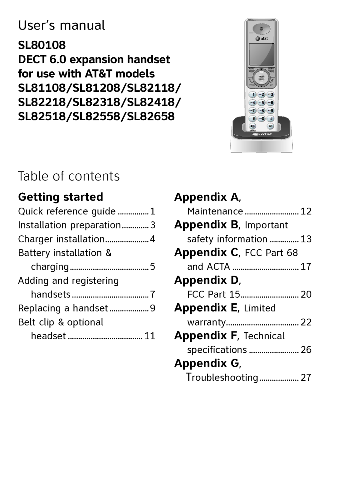 AT&T SL80108 user manual User’s manual, Table of contents 