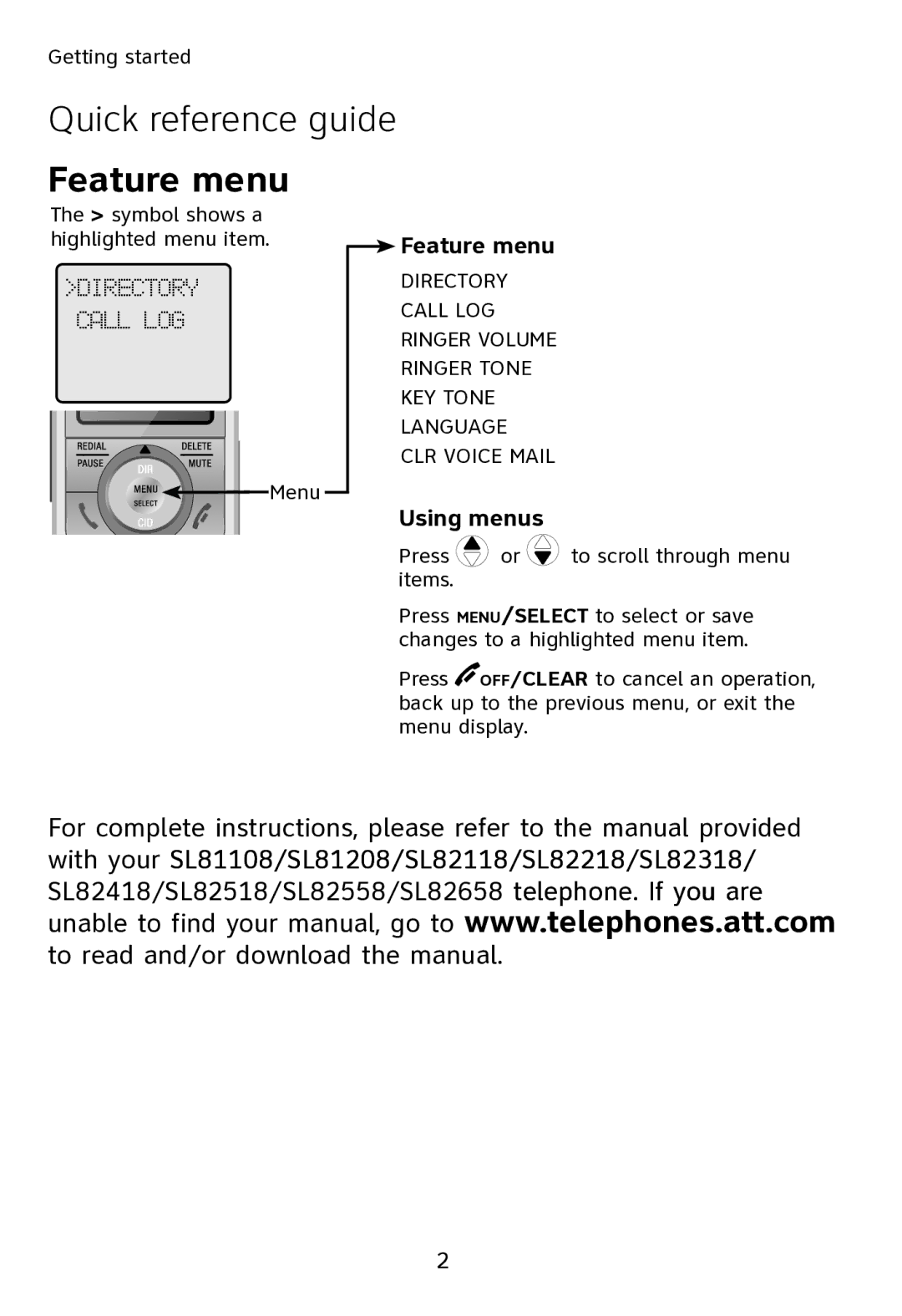 AT&T SL80108 user manual Feature menu 