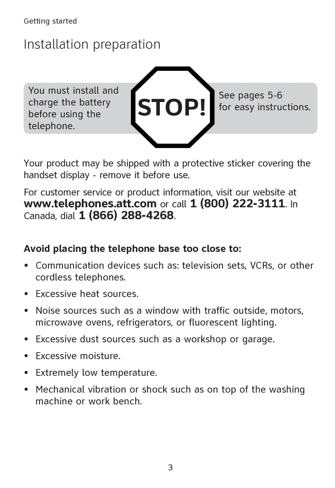 AT&T SL80108 user manual Installation preparation, Avoid placing the telephone base too close to 