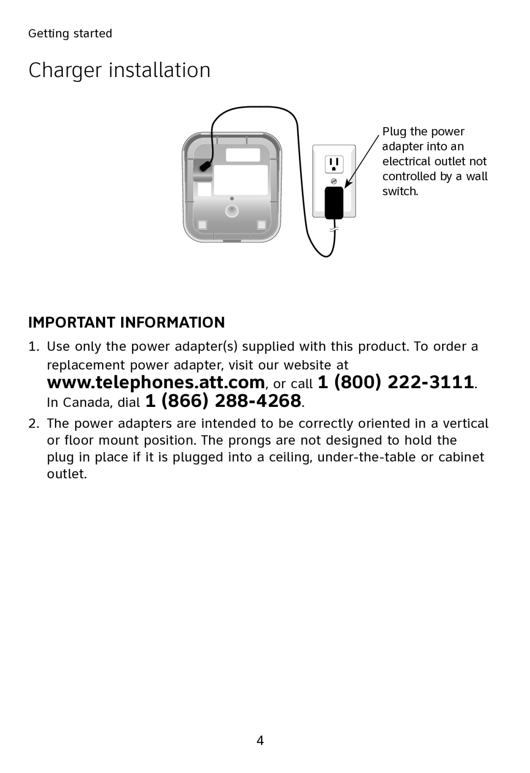 AT&T SL80108 user manual Charger installation, Important Information 