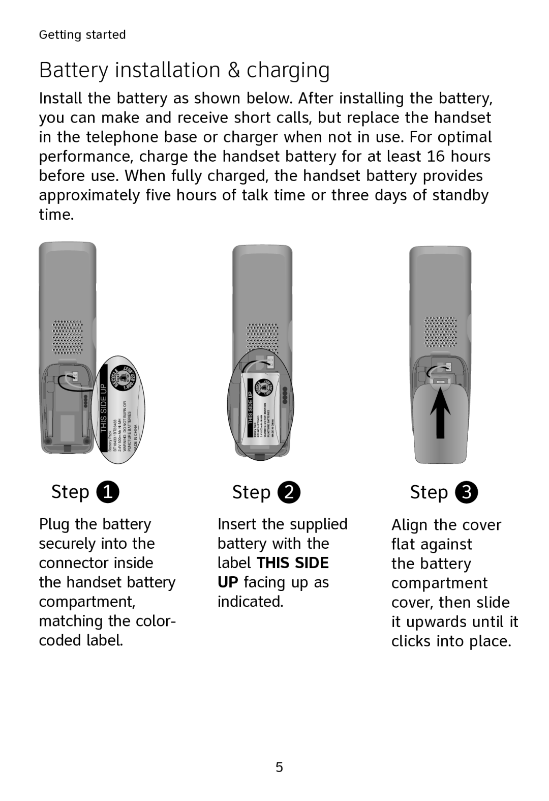 AT&T SL80108 user manual Battery installation & charging, Label this Side 