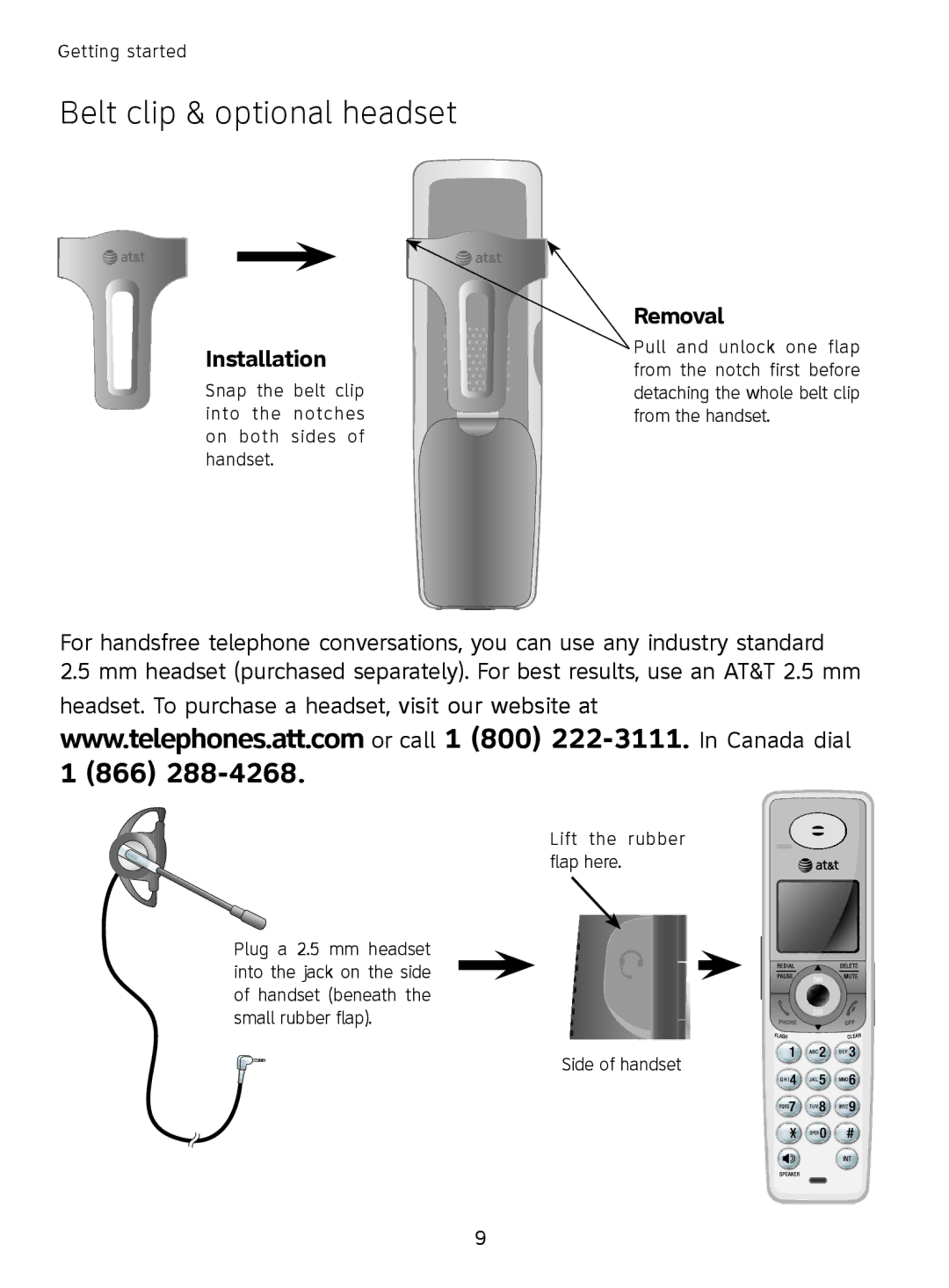 AT&T SL81208, SL81108 user manual Belt clip & optional headset, Installation, Removal 