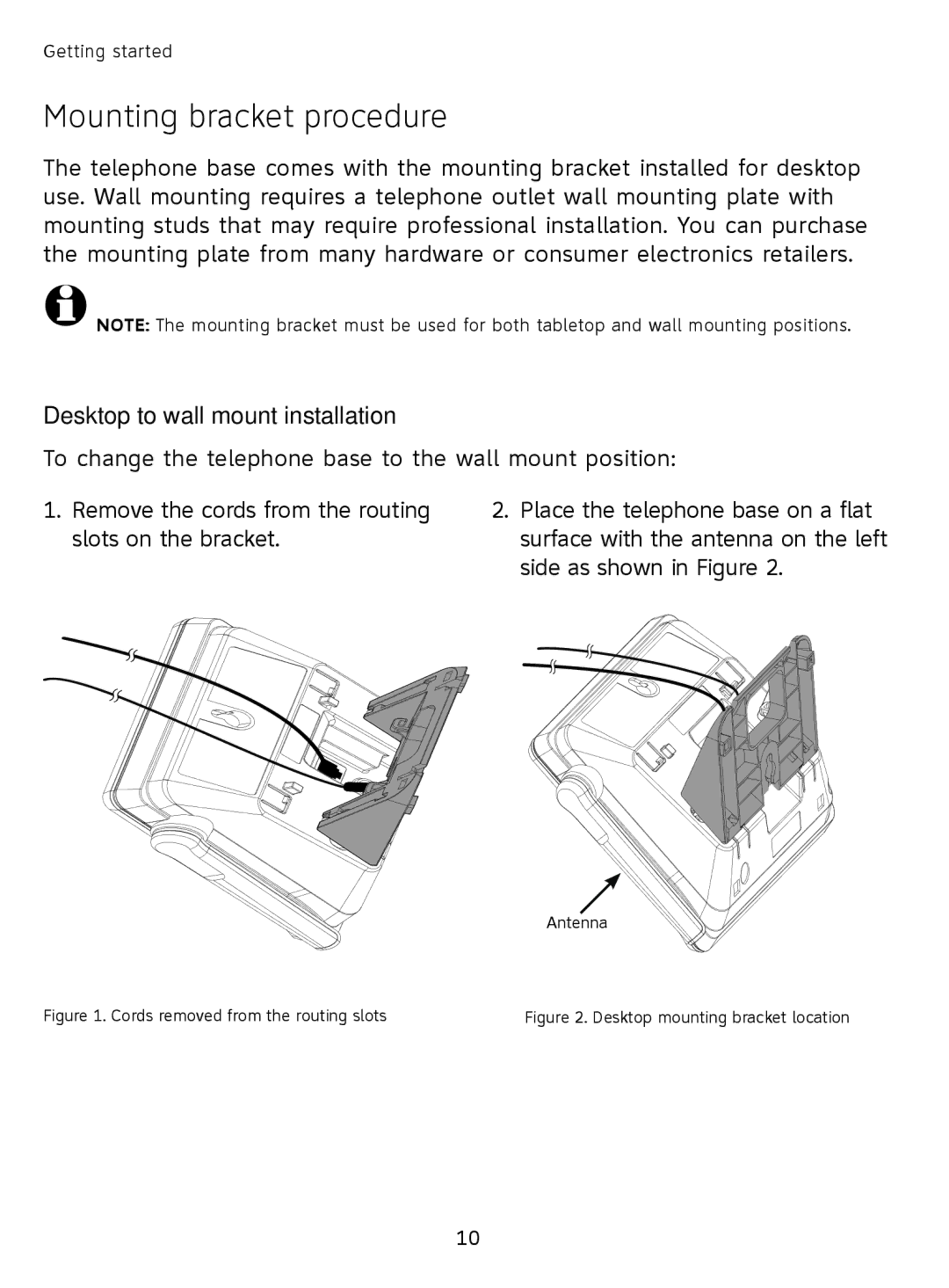 AT&T SL81108, SL81208 user manual Mounting bracket procedure, Desktop to wall mount installation 