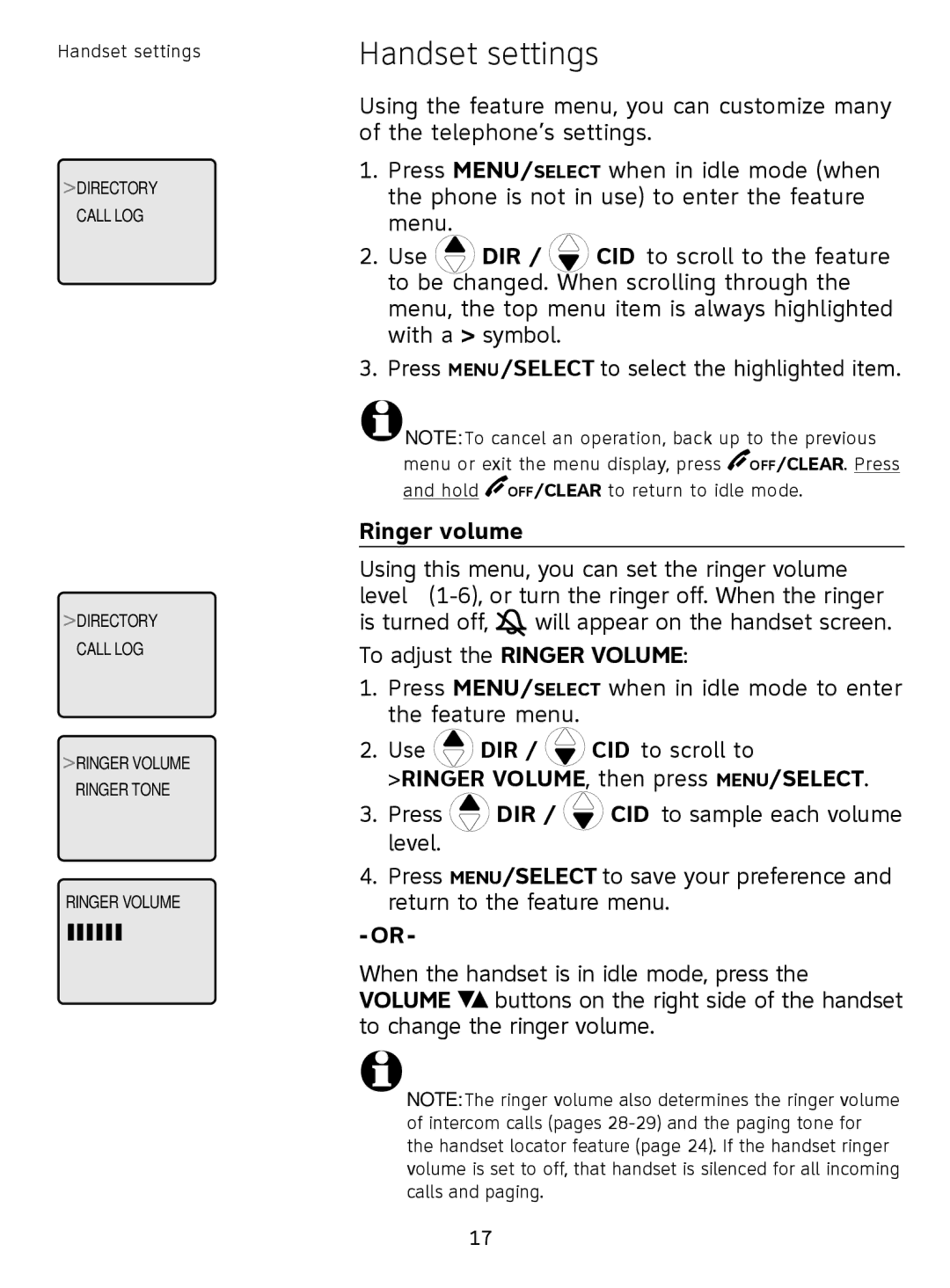 AT&T SL81208, SL81108 user manual Handset settings, Ringer volume, Ringer VOLUME, then press MENU/SELECT 