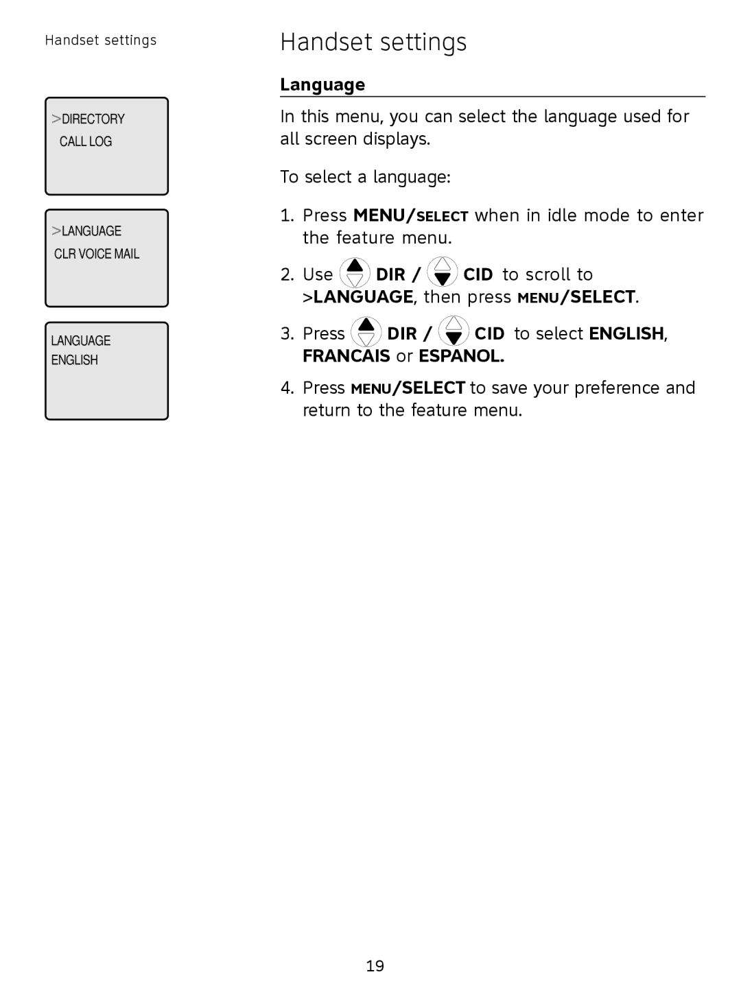 AT&T SL81208, SL81108 user manual Language, Press DIR / CID to select ENGLISH, Francais or Espanol 