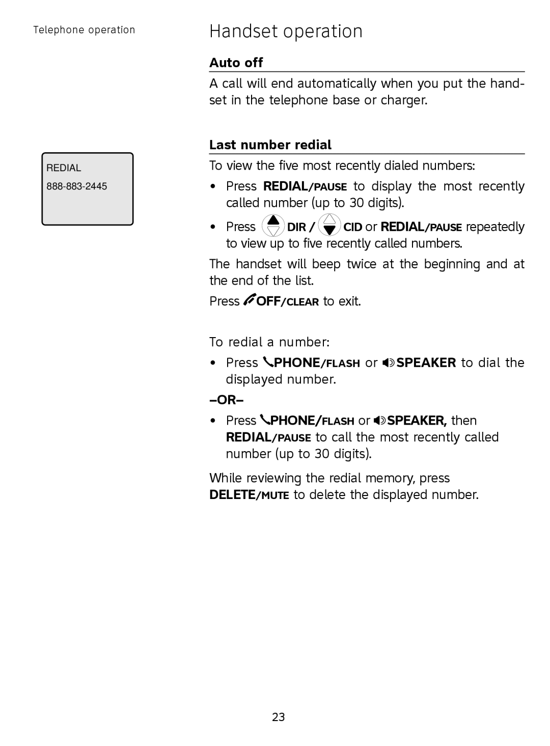 AT&T SL81208, SL81108 user manual Auto off, Last number redial 