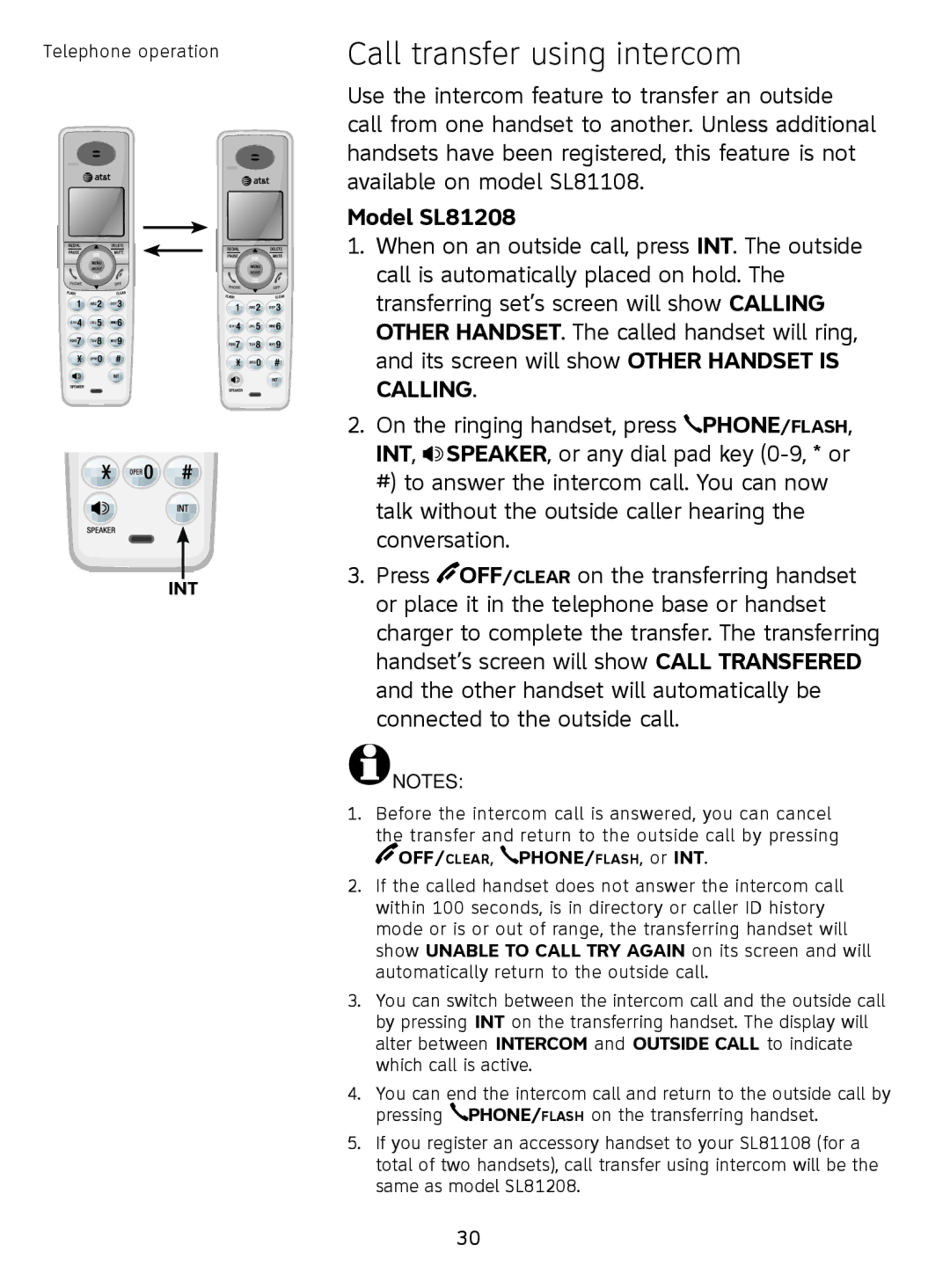 AT&T SL81108, SL81208 user manual Call transfer using intercom, OFF/CLEAR, PHONE/FLASH, or INT 