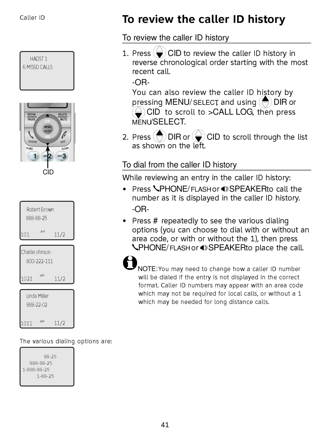 AT&T SL81208, SL81108 user manual To review the caller ID history, To dial from the caller ID history 