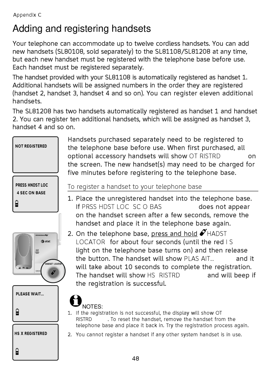 AT&T SL81108, SL81208 user manual Adding and registering handsets, To register a handset to your telephone base 