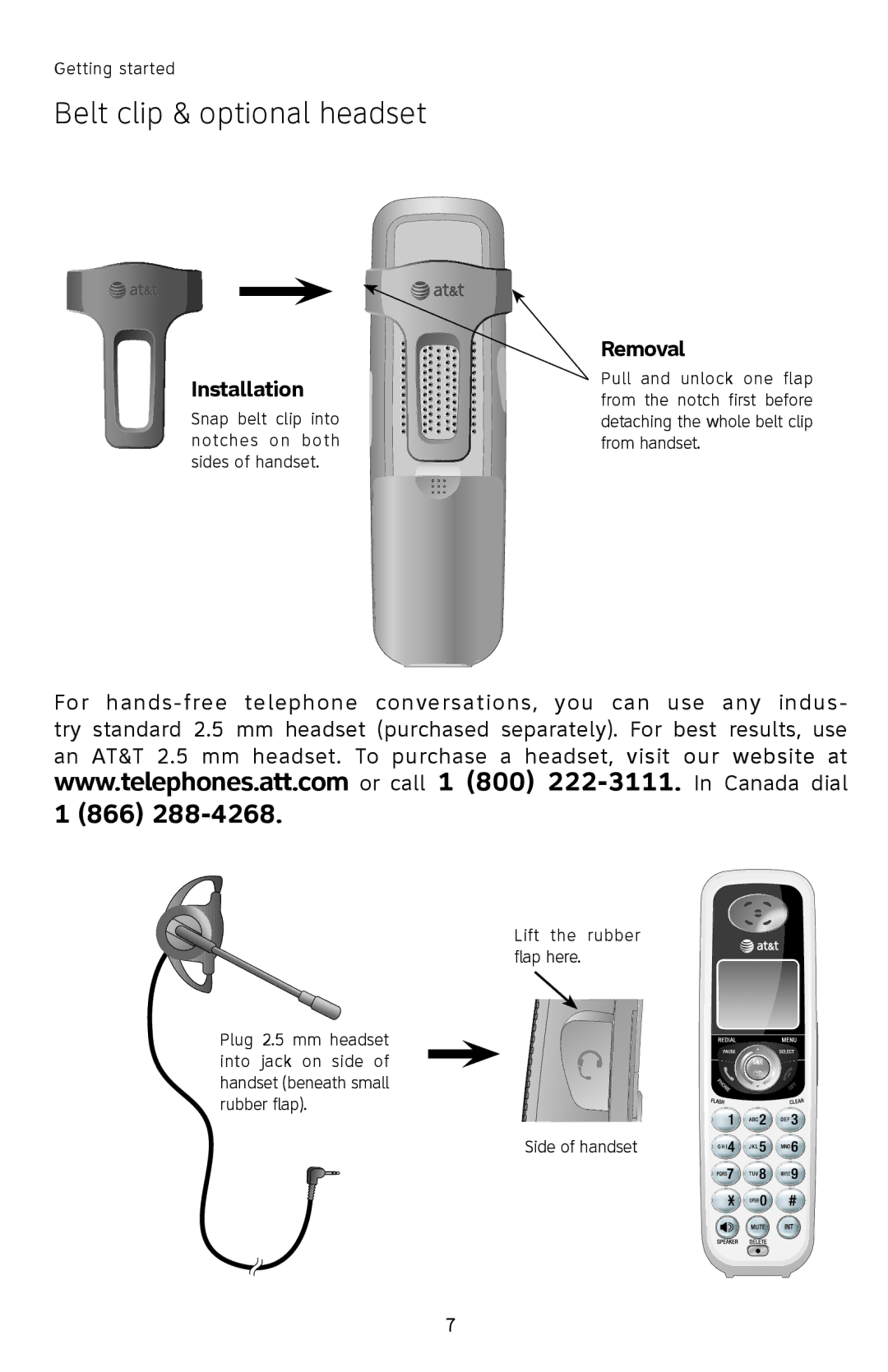 AT&T SL82308, SL82208, SL82408 user manual Belt clip & optional headset, Installation, Removal 