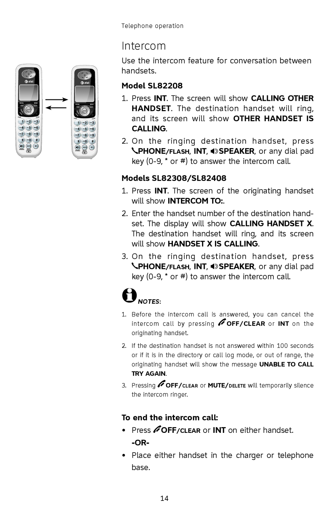 AT&T user manual Intercom, Model SL82208, Models SL82308/SL82408, To end the intercom call 