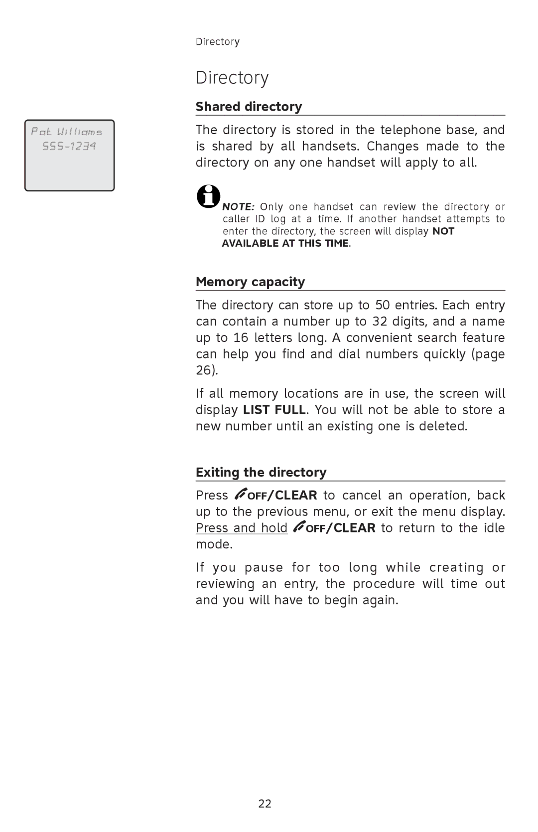 AT&T SL82308, SL82208, SL82408 user manual Directory, Shared directory, Memory capacity, Exiting the directory 