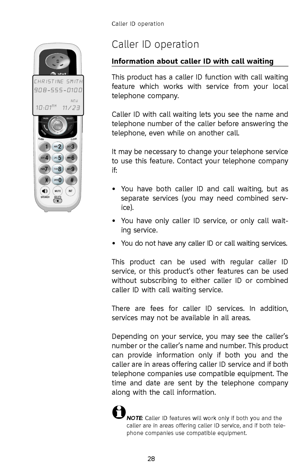 AT&T SL82308, SL82208, SL82408 user manual Caller ID operation, Information about caller ID with call waiting 