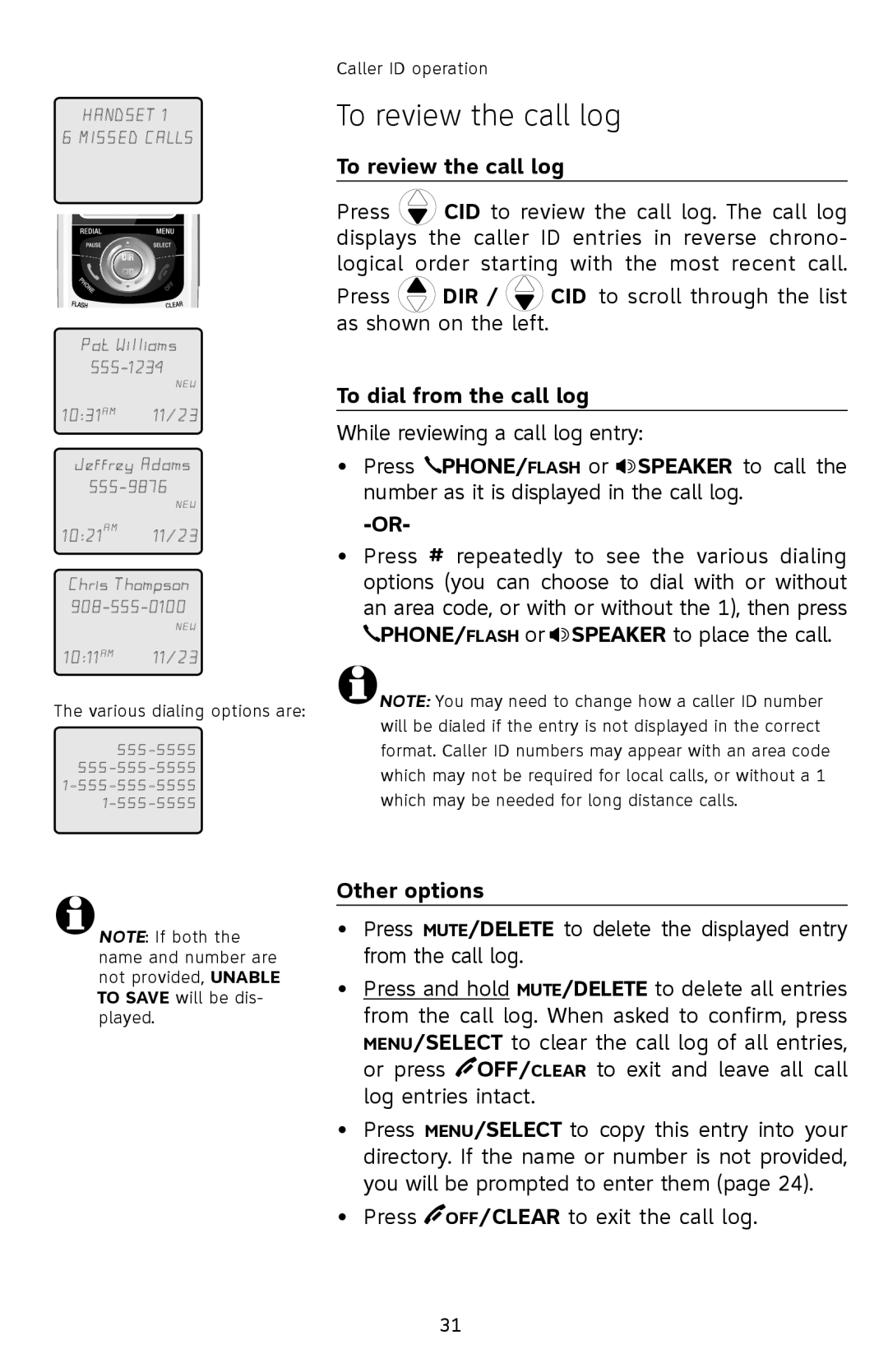 AT&T SL82308, SL82208, SL82408 user manual To review the call log, To dial from the call log, Other options 