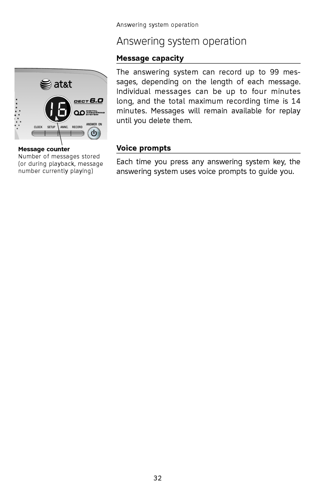 AT&T SL82408, SL82208, SL82308 user manual Answering system operation, Message capacity, Voice prompts 