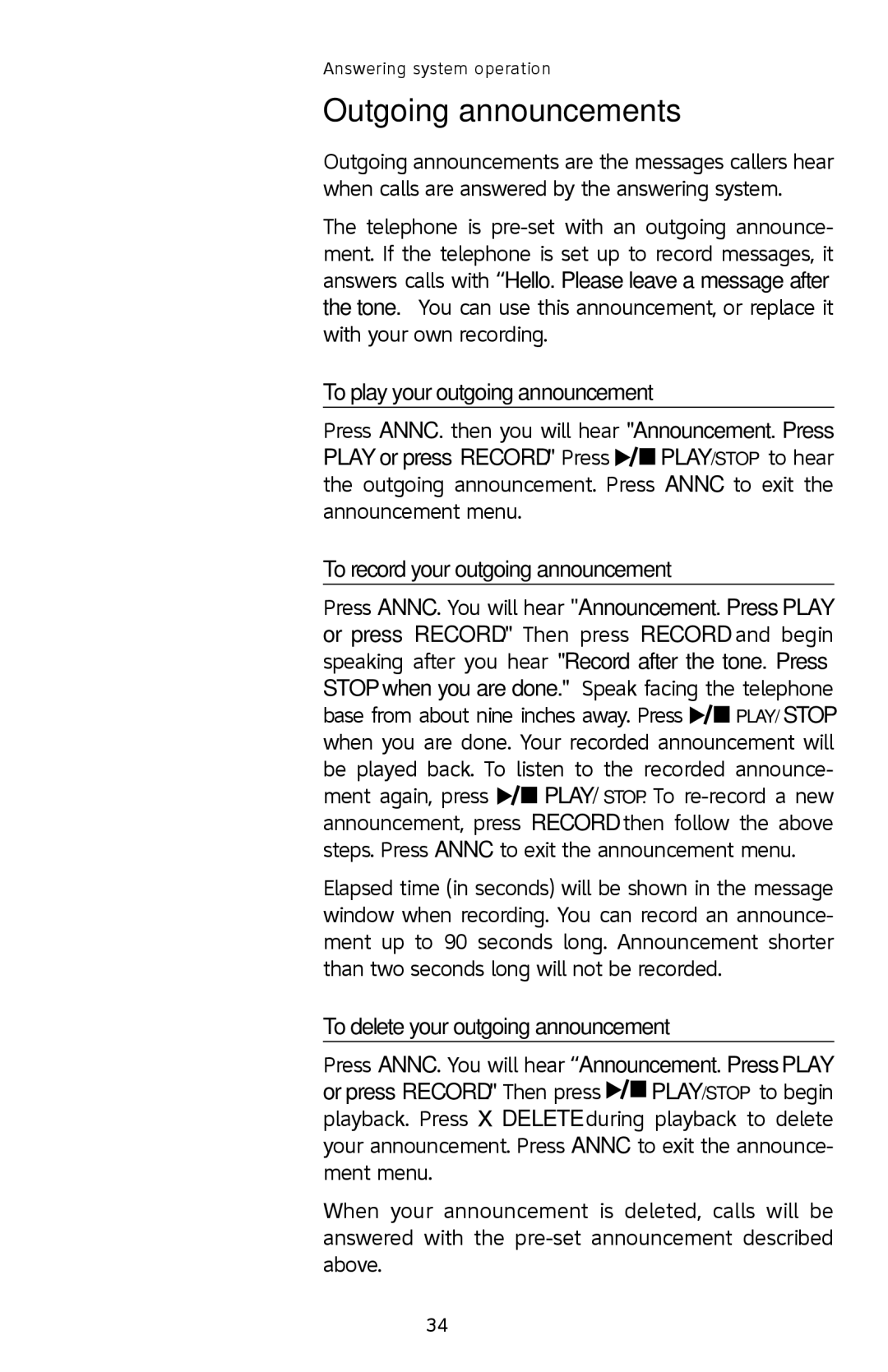 AT&T SL82308, SL82208 Outgoing announcements, To play your outgoing announcement, To record your outgoing announcement 