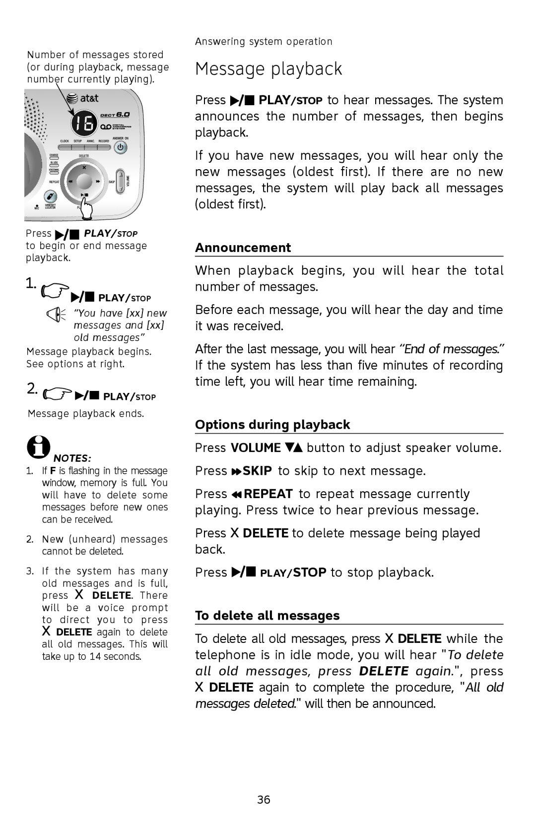 AT&T SL82208, SL82308, SL82408 user manual Message playback, Announcement, Options during playback, To delete all messages 