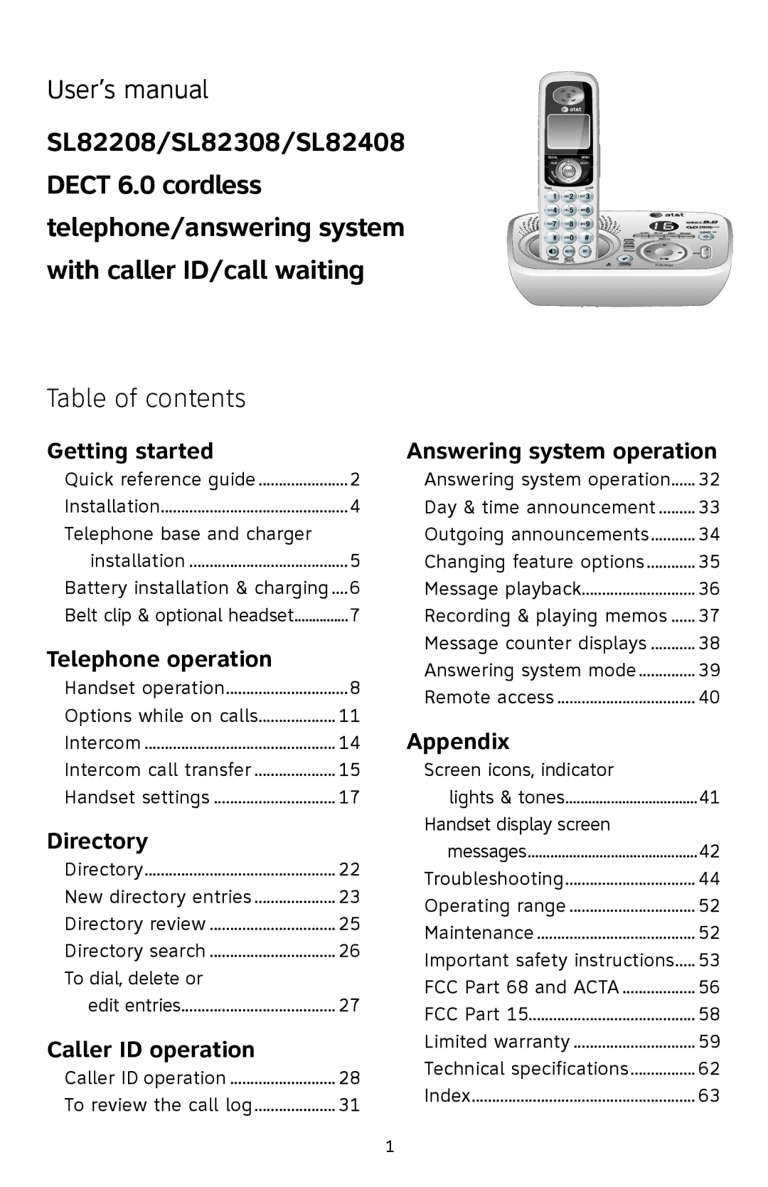 AT&T SL82308, SL82208, SL82408 user manual User’s manual, Table of contents 