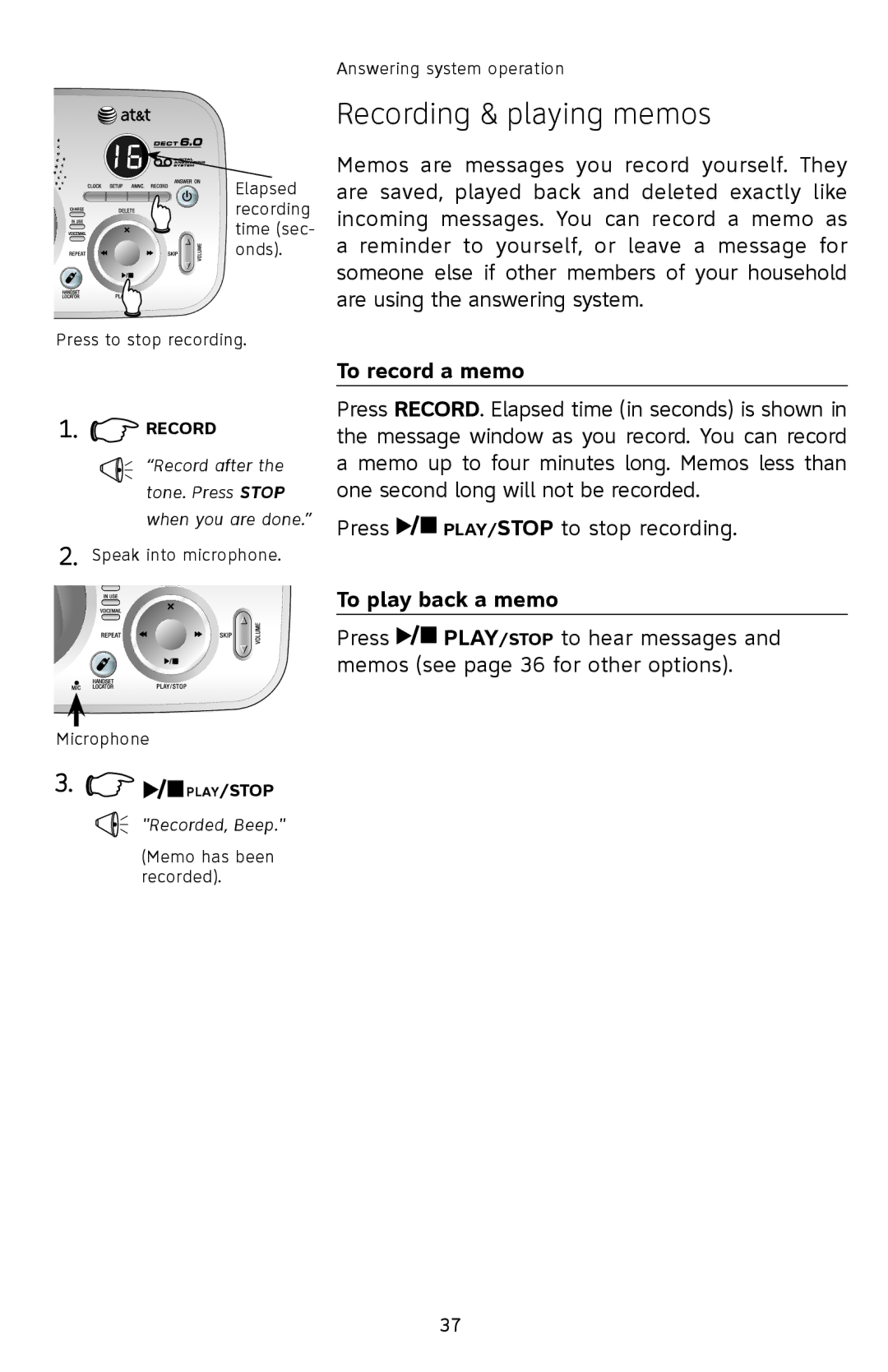 AT&T SL82308, SL82208, SL82408 user manual Recording & playing memos, To record a memo, To play back a memo 