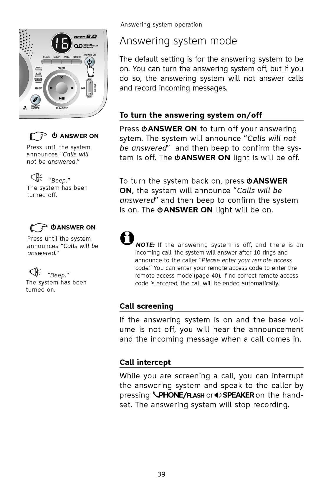 AT&T SL82208, SL82308, SL82408 Answering system mode, To turn the answering system on/off, Call screening, Call intercept 