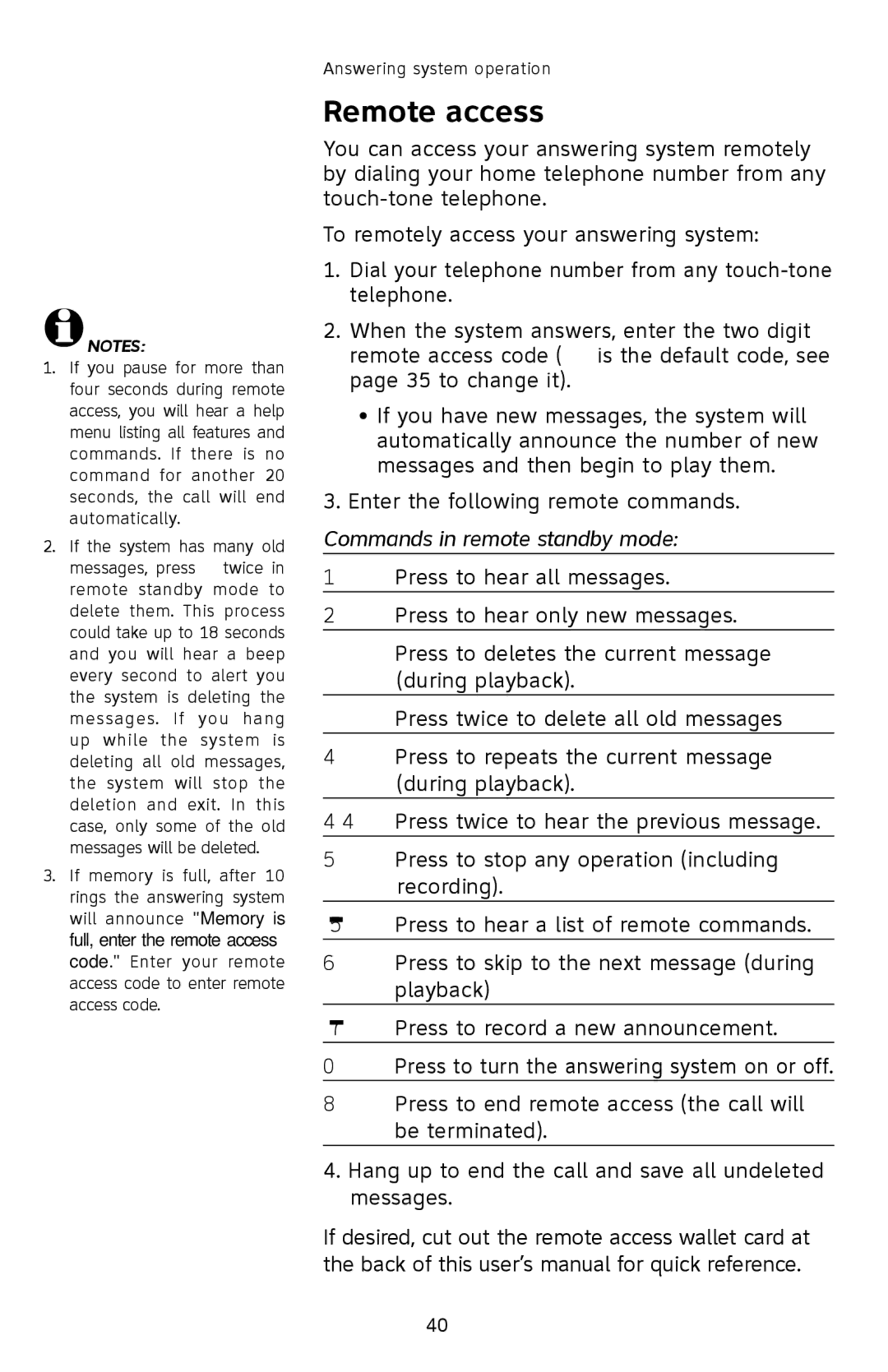 AT&T SL82308, SL82208, SL82408 user manual Remote access, Commands in remote standby mode 