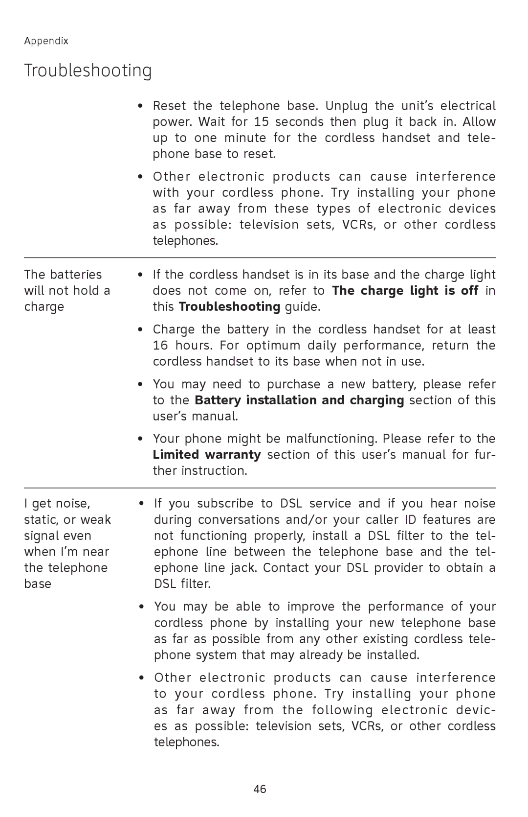 AT&T SL82308, SL82208, SL82408 This Troubleshooting guide, To the Battery installation and charging section of this 