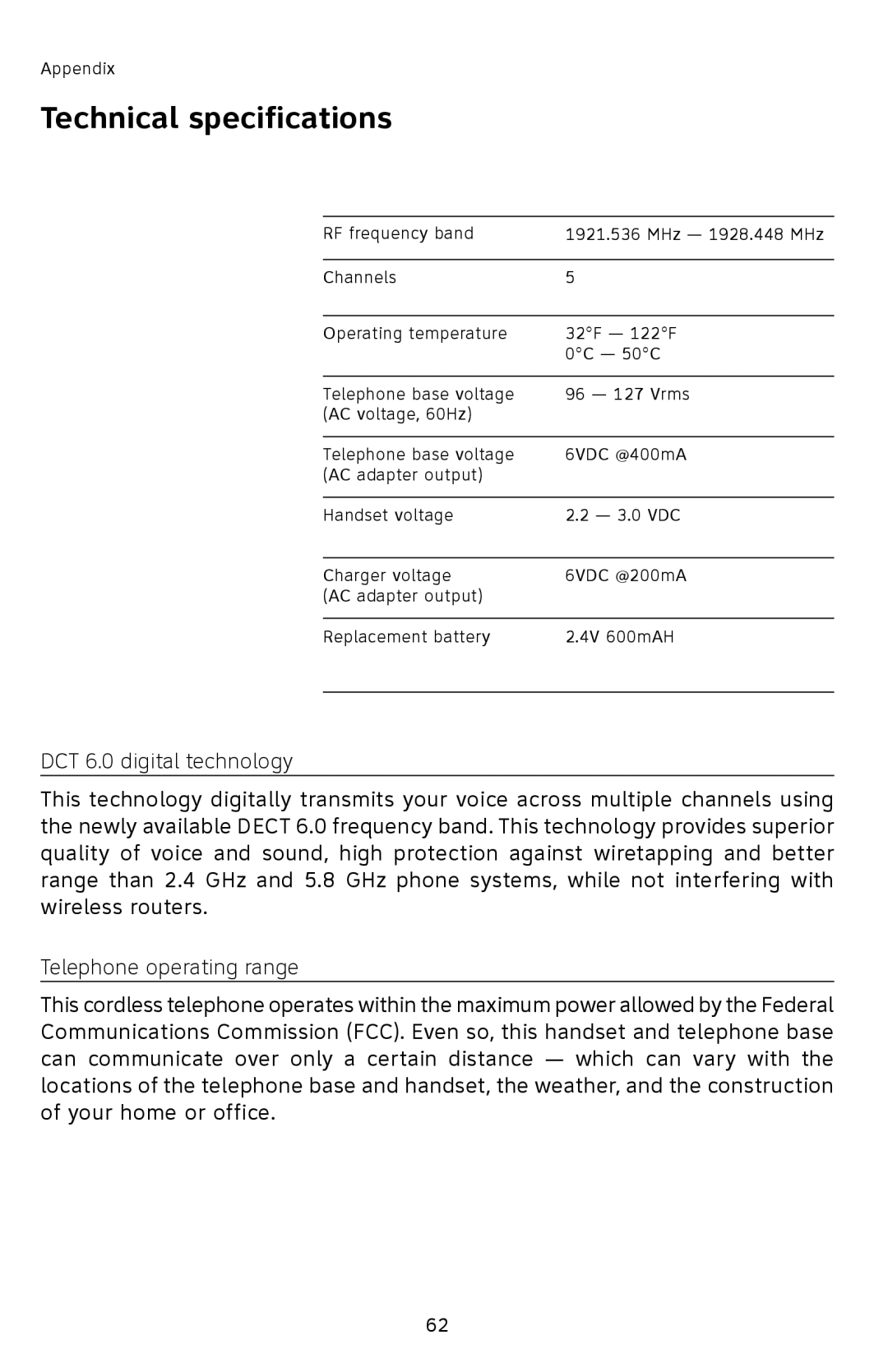 AT&T SL82408, SL82208, SL82308 user manual Technical specifications, Dect 6.0 digital technology, Telephone operating range 