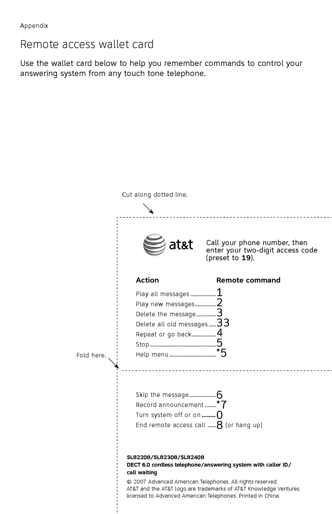 AT&T SL82408, SL82208, SL82308 user manual Remote access wallet card, Action Remote command 