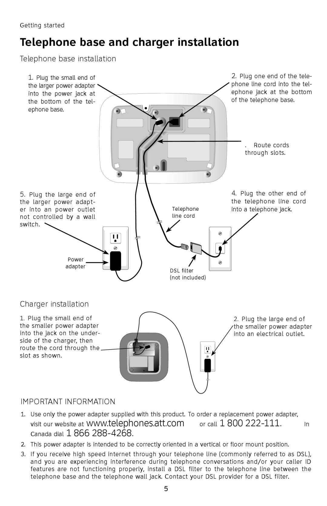 AT&T SL82408, SL82208, SL82308 Telephone base and charger installation, Telephone base installation, Charger installation 