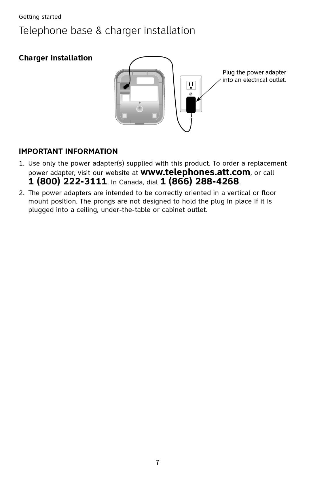 AT&T SL82418, SL82218 user manual 800 222-3111. In Canada, dial 1 866, Charger installation 