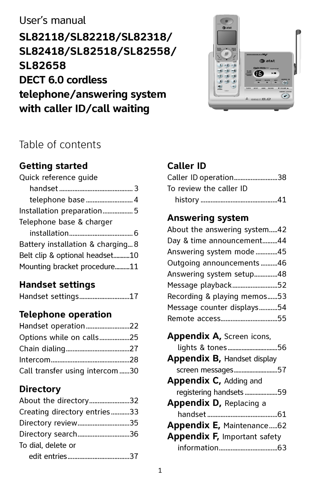 AT&T SL82418, SL82218 user manual User’s manual, Table of contents 