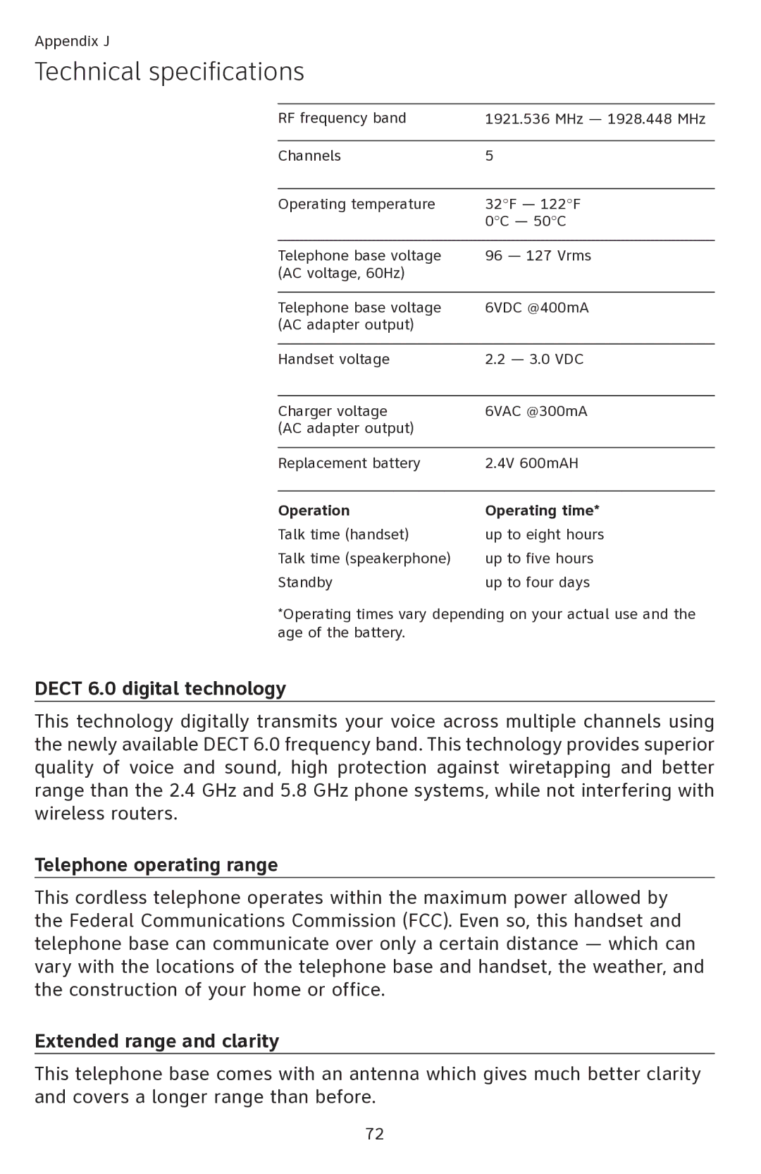 AT&T SL82218 Technical specifications, Dect 6.0 digital technology, Telephone operating range, Extended range and clarity 