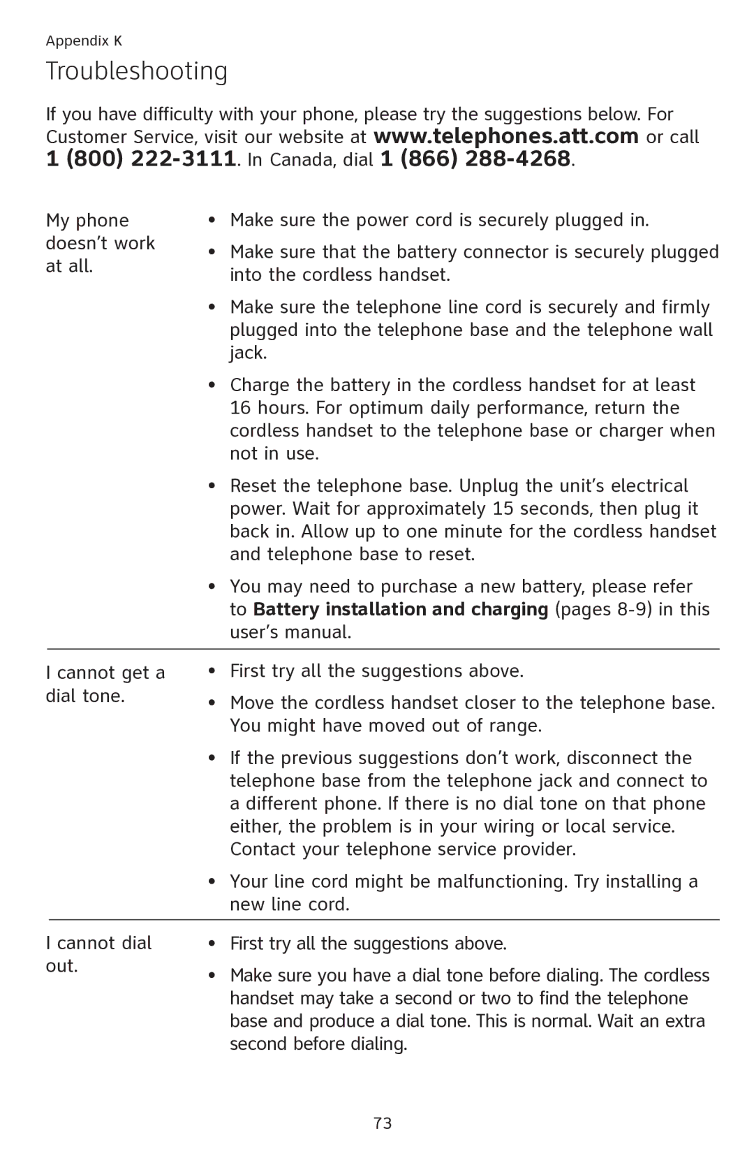 AT&T SL82418, SL82218 user manual Troubleshooting, To Battery installation and charging pages 8-9 in this 