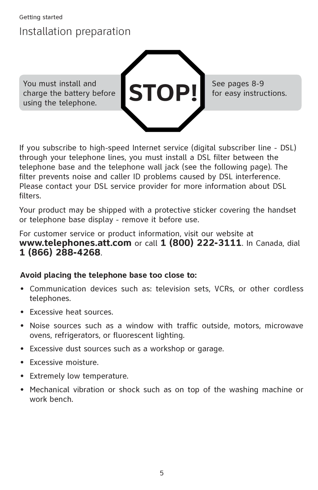 AT&T SL82418, SL82218 user manual Installation preparation, Avoid placing the telephone base too close to 