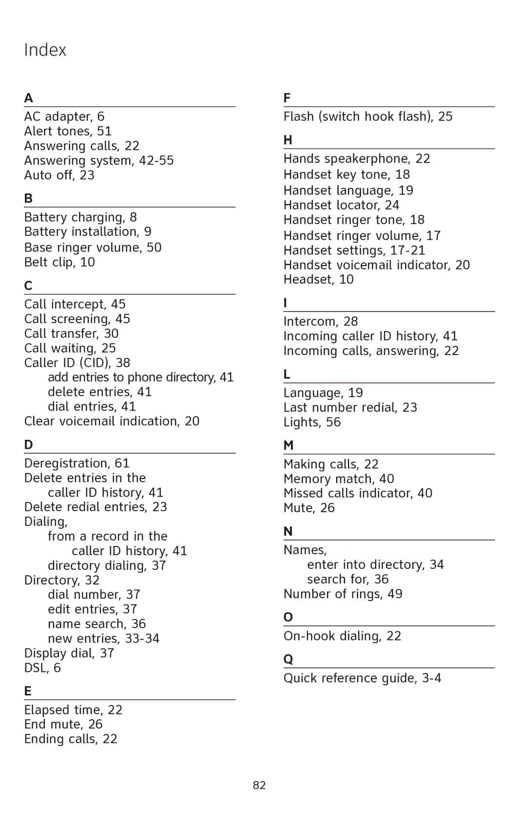 AT&T SL82218, SL82418 user manual Index 