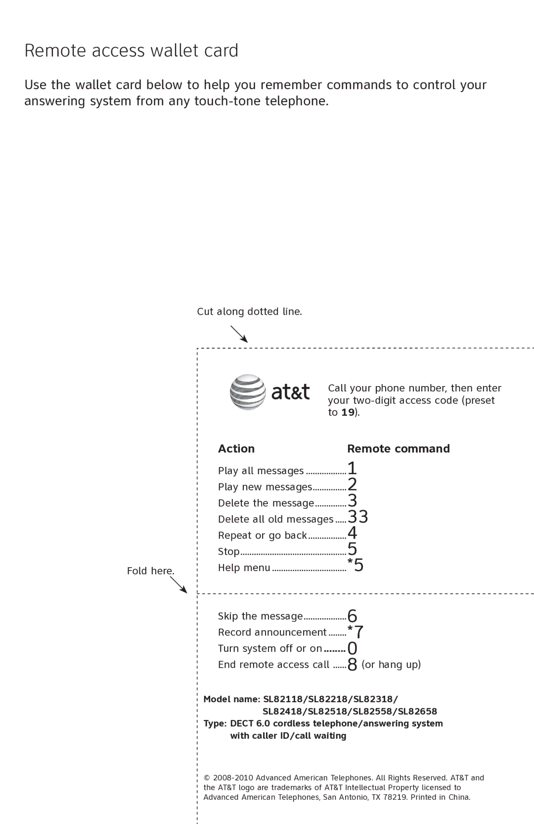 AT&T SL82218, SL82418 user manual Remote access wallet card, Action Remote command 