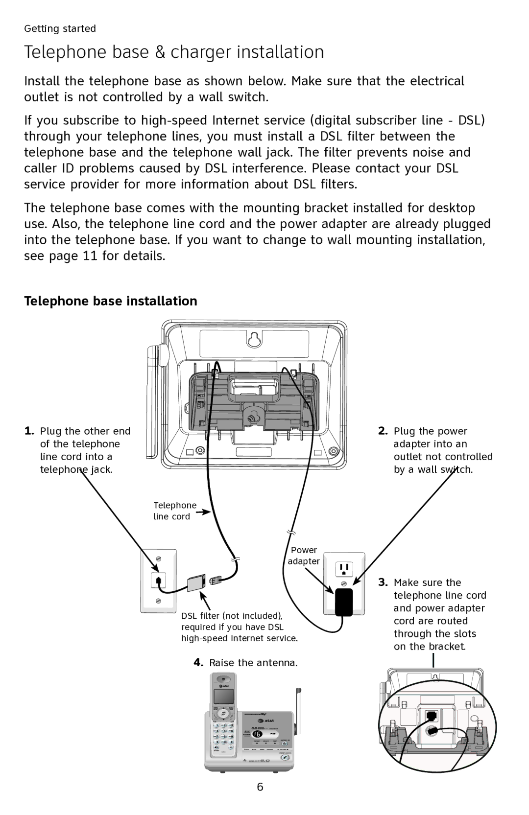 AT&T SL82218, SL82418 user manual Telephone base & charger installation, Telephone base installation 