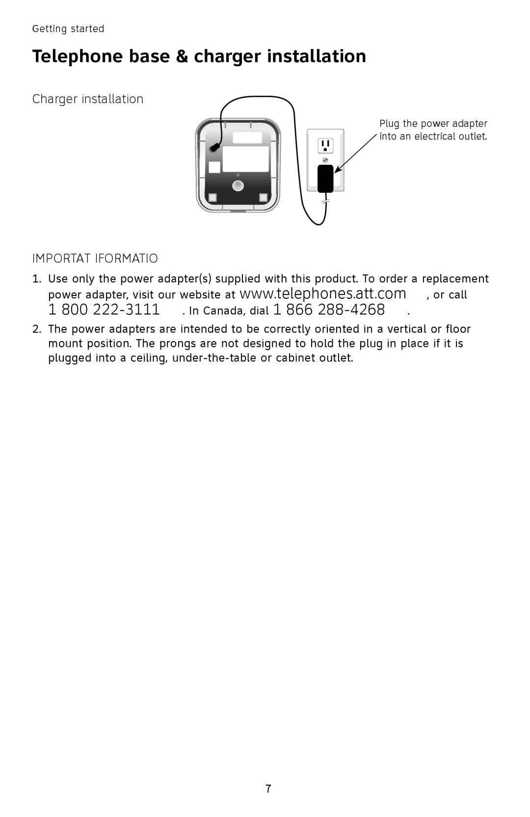 AT&T SL82558 user manual 800 222-3111. In Canada, dial 1 866, Charger installation 