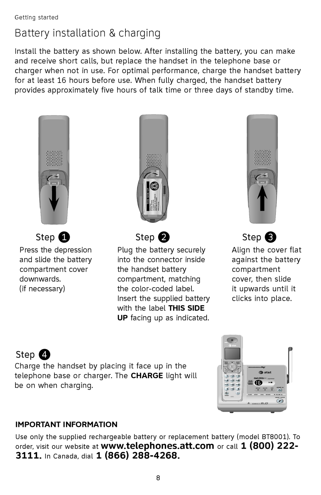 AT&T SL82558 user manual Battery installation & charging, Sideup 