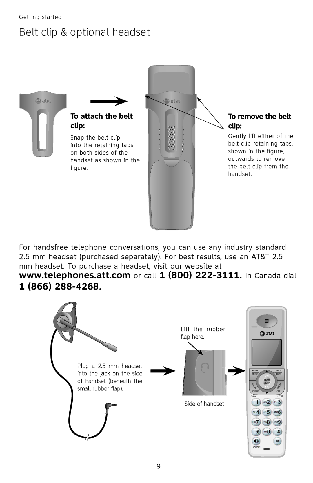 AT&T SL82558 user manual Belt clip & optional headset, To attach the belt clip, To remove the belt clip 