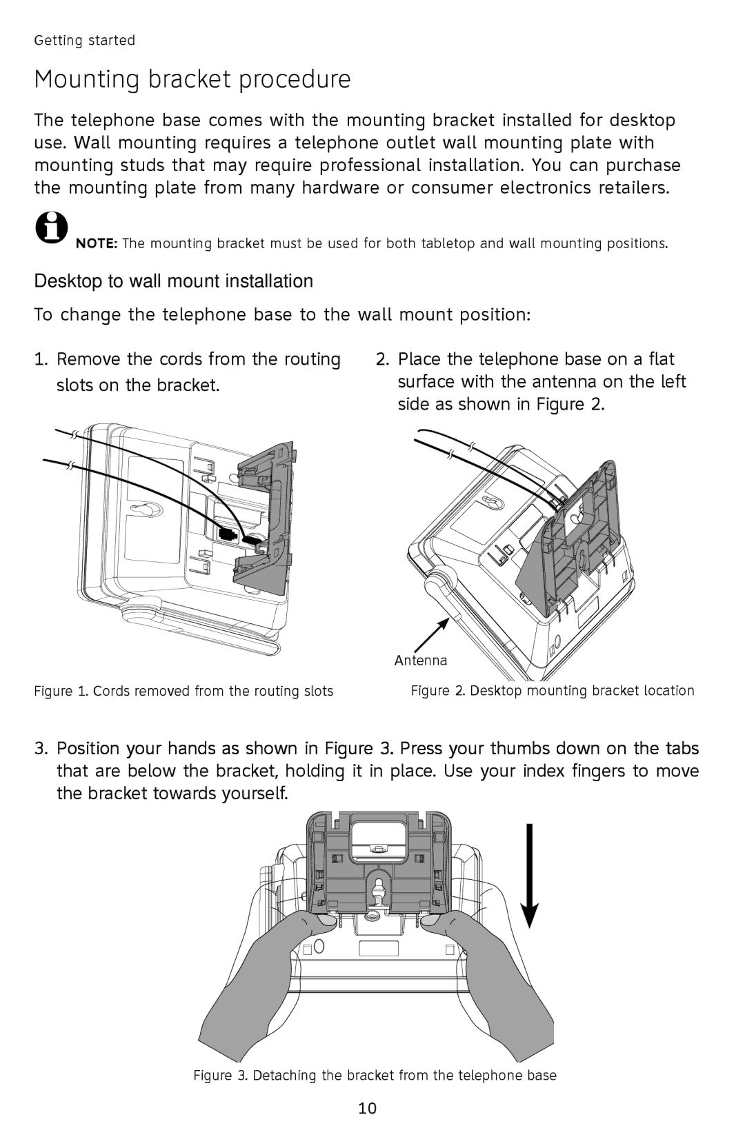 AT&T SL82558 user manual Mounting bracket procedure, Desktop to wall mount installation 