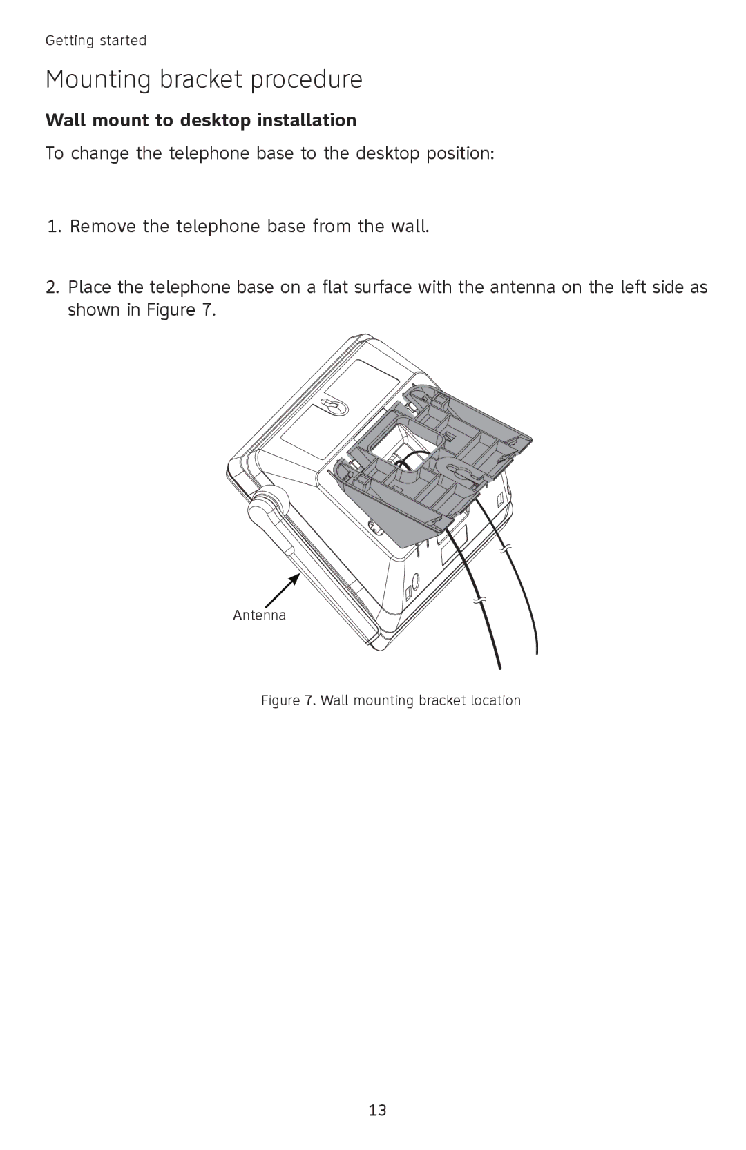 AT&T SL82558 user manual Wall mount to desktop installation, Wall mounting bracket location 