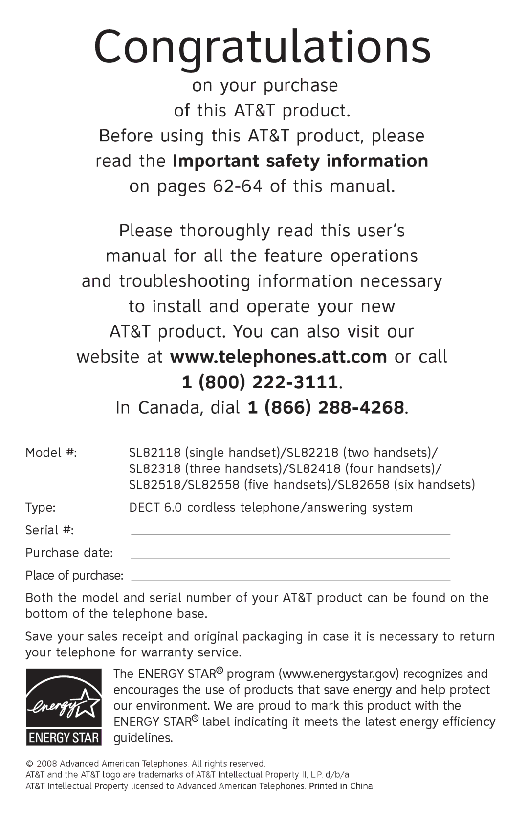 AT&T SL82558 user manual On your purchase of this AT&T product, Canada, dial 1 866 